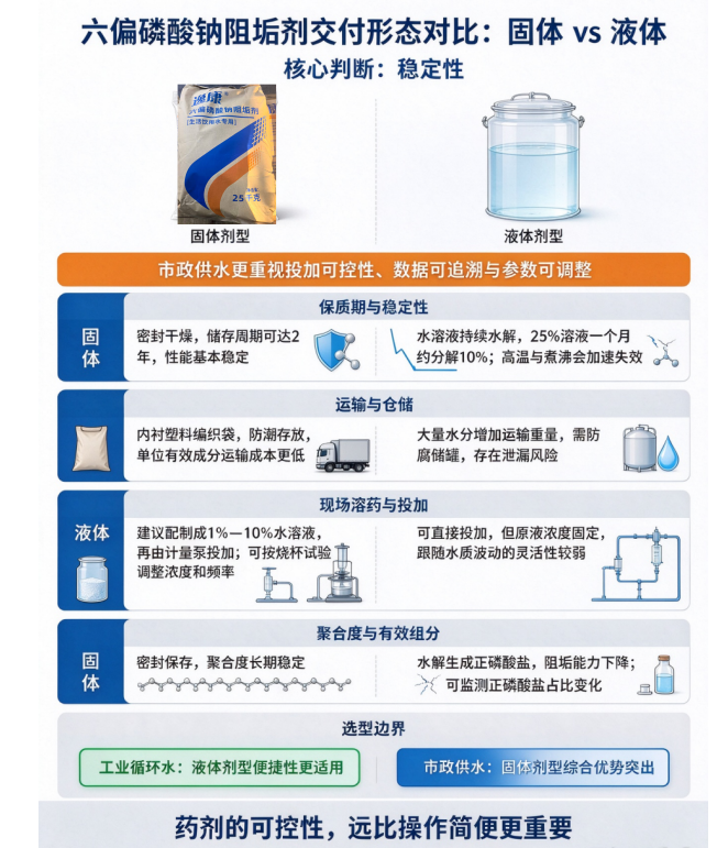 《六偏磷酸钠阻垢剂交付形态对比：固体 vs 液体